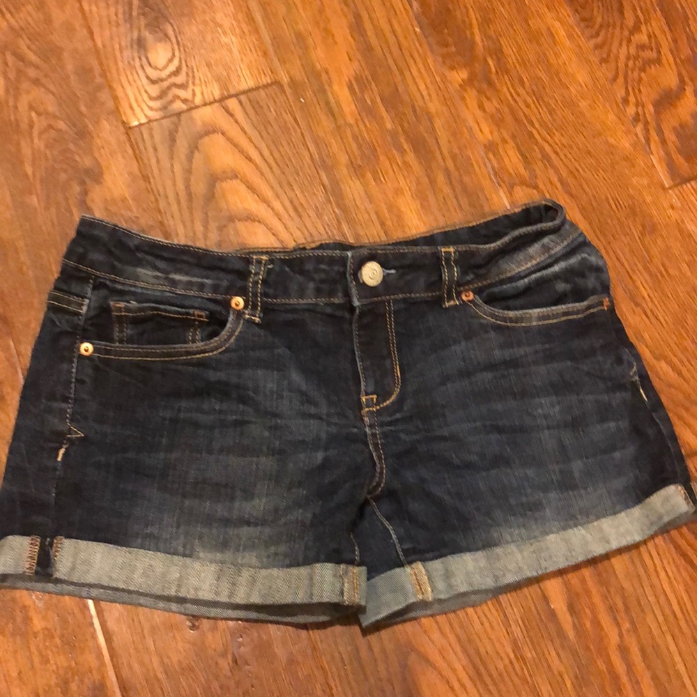 Dark blue denim midi shorts